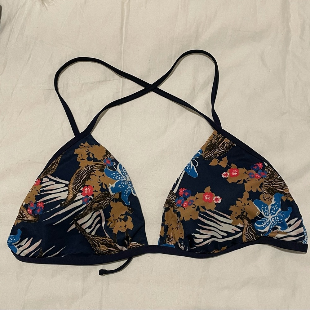 Patagonia Navy Blue Floral Cross Back Bikini Top Sz L